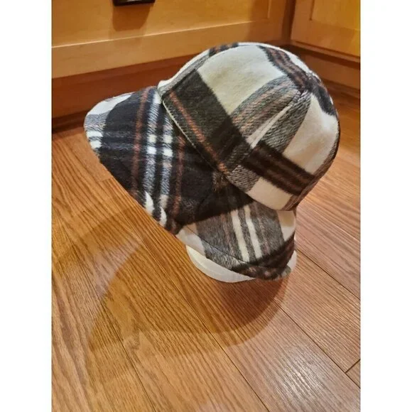 David & Young Plaid Bucket Hat Brown Gray Cream Winter Polyester Wool Lined - Picture 6 of 10